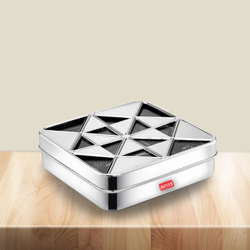 AVIAS Trios 9 square dryfruit cum spice box |Premium quality stainless steel |see-through lid with unbreakable acrylic sheet